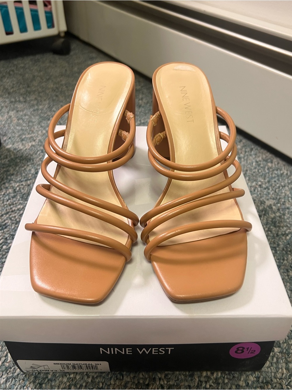Nine West Tan Multi-Strap Square-Toe Block Heel Sandals